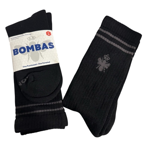 Bombas Adult Large Lot 2 Black Crew Sock NEW Gray Stripe Bee Original Calf Logo - Picture 1 of 7
